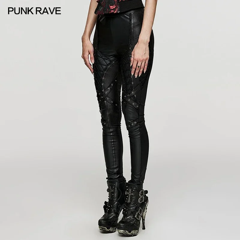 PUNK RAVE Women\'s Punk Symmetrical Design Slim Fit Black Skinny Pants Elastic Drawstring Streetwear Leggings Women Clothes