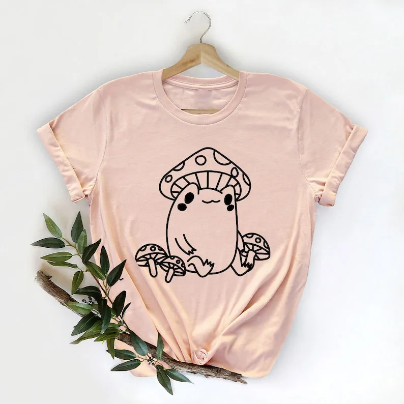 

Frog And Mushrooms Shirt Cute Mushroom Women's Short Sleeve 100% Cotton Top Tee Funny Print Graphic O Neck Mama Mother T-Shirt