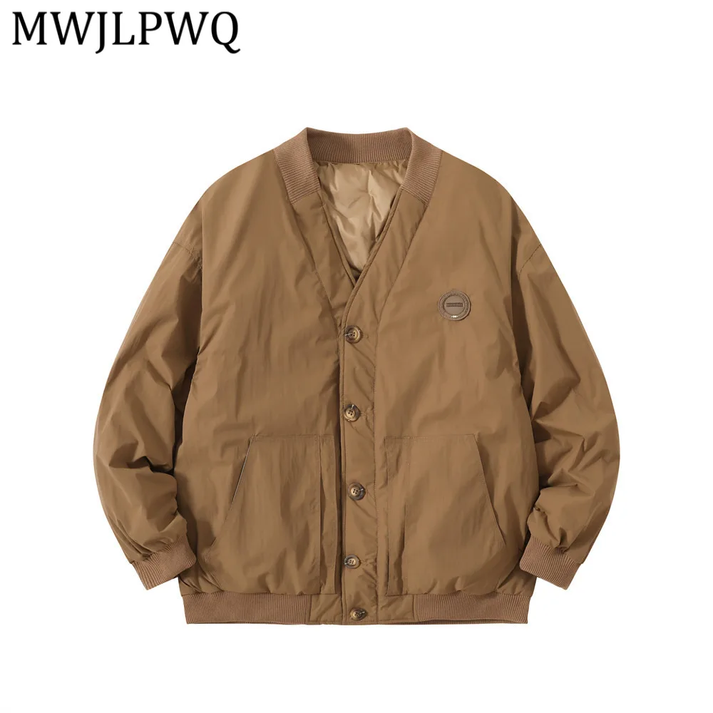 

MWJLPWQ American Street Winter Men Down Jacket Single-Breasted Cardigan V-Neck Solid Color Loose Casual Versatile INS Coat 13660