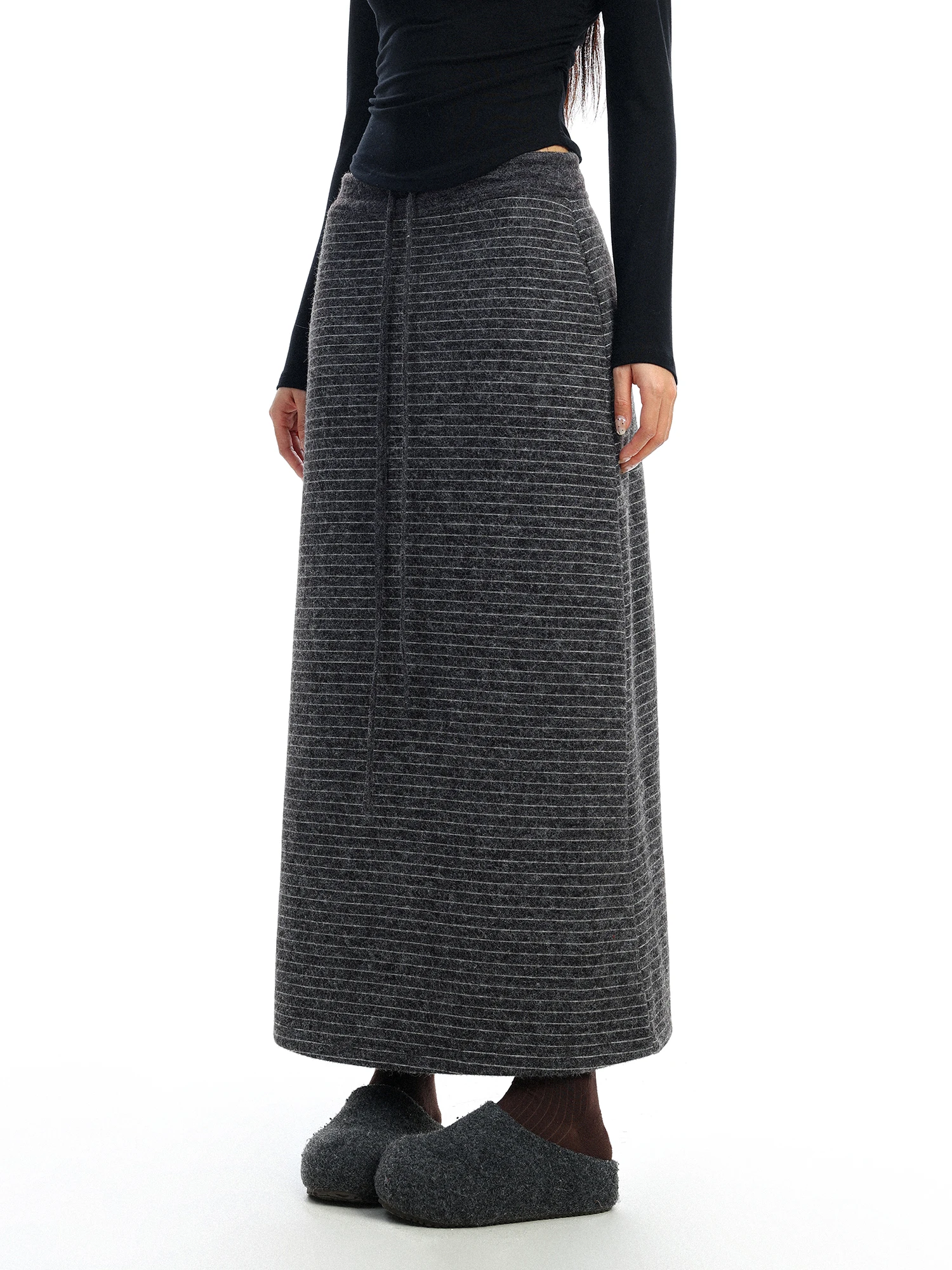 

Biggold, простая полосатая эластичная талия, прямая шерстяная юбка-миди, женская осенне-зимняя драпированная утягивающая юбка