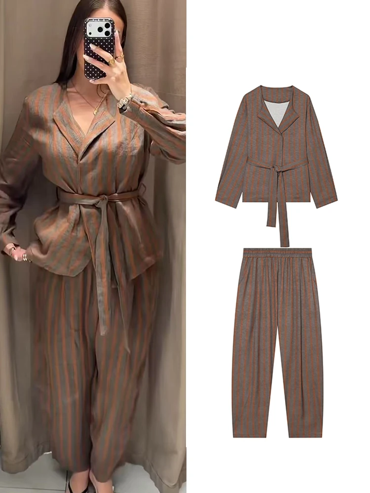 TFMLN Damen Gestreifte Hosenanzüge Büro Casual V-Ausschnitt Loser Gürtel Blazer + Weite Hosen Anzüge 2026 Neue Vintage Damen Outfits