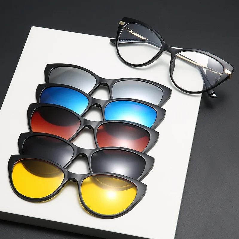 6 In 1 Spectacle Frame Women With 5 PCS Clip On Polarized Sunglasses Magnetic Glasses Female Computer Optical 2353D