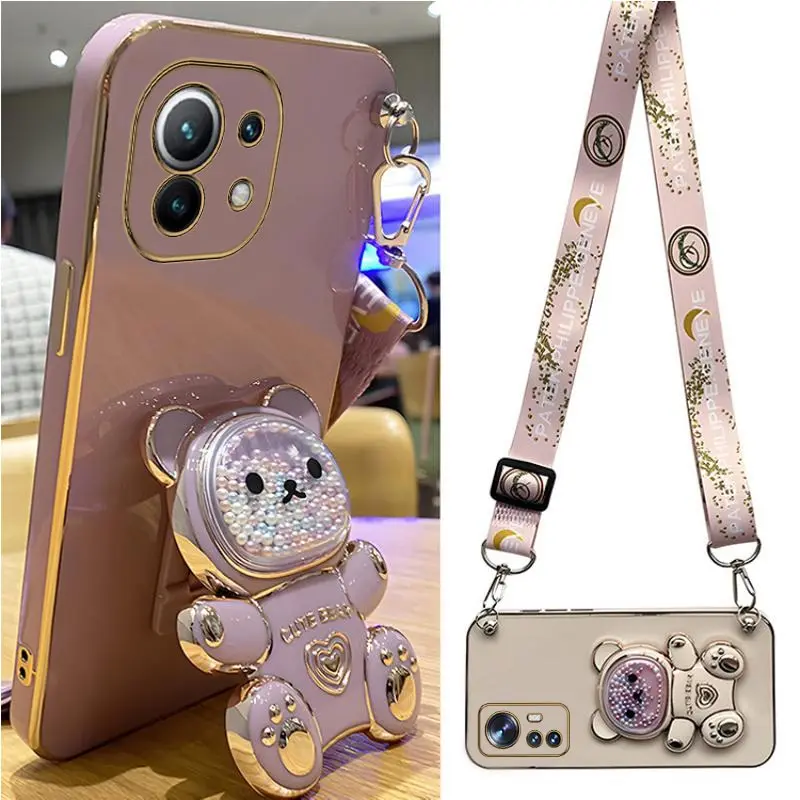 

Quicksand Bear Holder Lanyard Phone Case For Xiaomi Mi 12T 11T 12 13 10 11 Lite Mi13 13 Pro 13Lite 5G 8 9 9T Strap Stand Cover