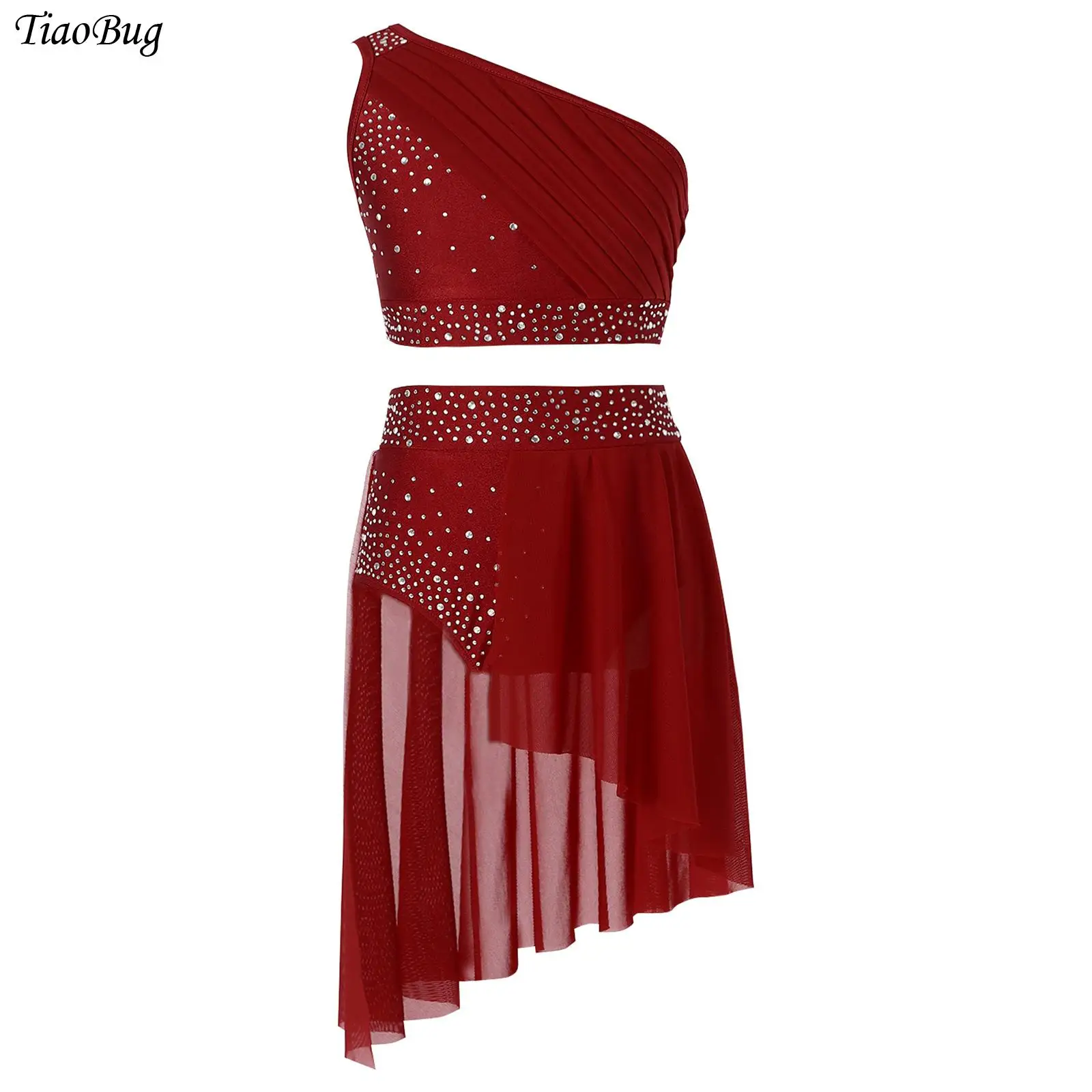 

Kids Girls Lyrical Dance Outfit Shiny Rhinestones Mesh Overlay One Shoulder Crop Top+Skirted Briefs Modern Dance Leotard Dress
