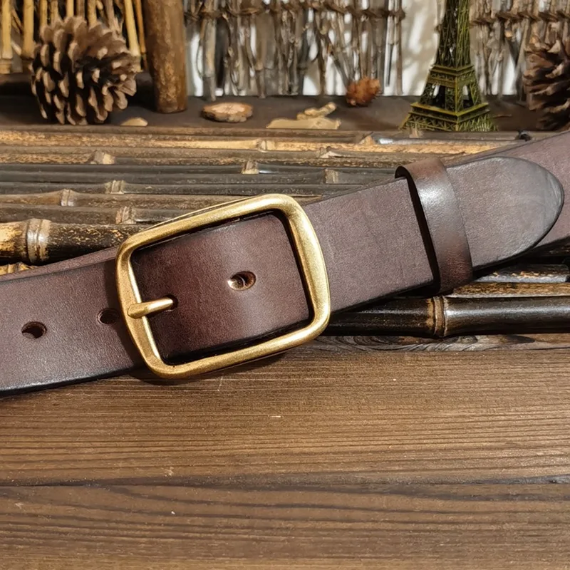 Ceinture en cuir véritable pour hommes, cuir de vachette, broche en cuivre, ceinture décontractée, rétro, luxe, mode masculine, jeans, 3.8cm