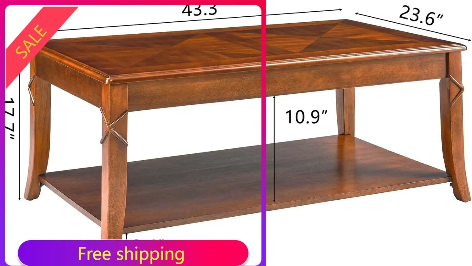 

Solid Wood Coffee Table with Storage Shelf, Mid Century Modern Rectangle Coffee Table for Living Room, Large Countertop Center T