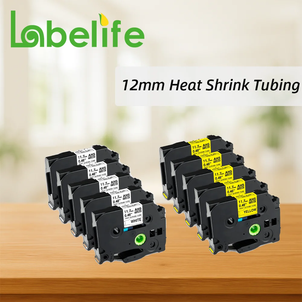 10pk-12-ミリメートル熱収縮チューブテープ-hse231-hse631-ブラザーラベル-p-touch-プリンタ-pte300-pte500w-pte550w-e500-p900-と互換性あり