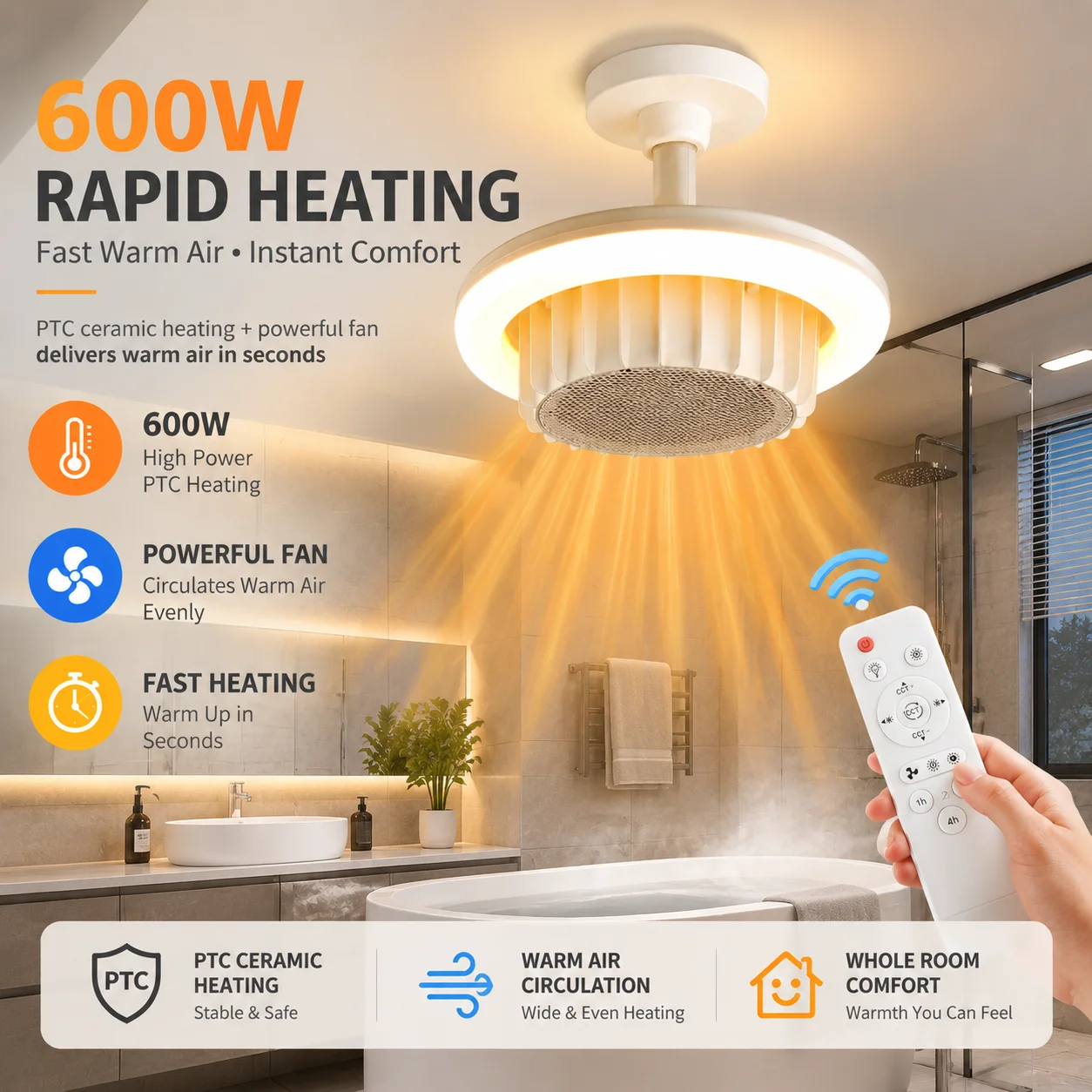 Smart 3-in-1 Bathroom Ceiling Light with PTC Heater, Ventilation Fan, 3 Color LED Lighting with Remote Control ,1H 2H 4H Timer