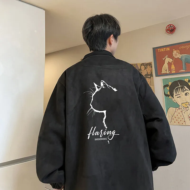 

Men's Oversized Jackets Artificial Suede Cat Print Coat Pu Leather Casual Wear Autumn 5XL Jacket for Men Clothes Outerwear