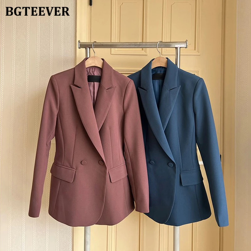 BGTEEVER ฤดูใบไม้ผลิฤดูใบไม้ร่วงผู้หญิงชุดสูท Double Breasted Slim แจ็คเก็ตสุภาพสตรีกางเกงดินสอ Elegant หญิงกางเกงชุด