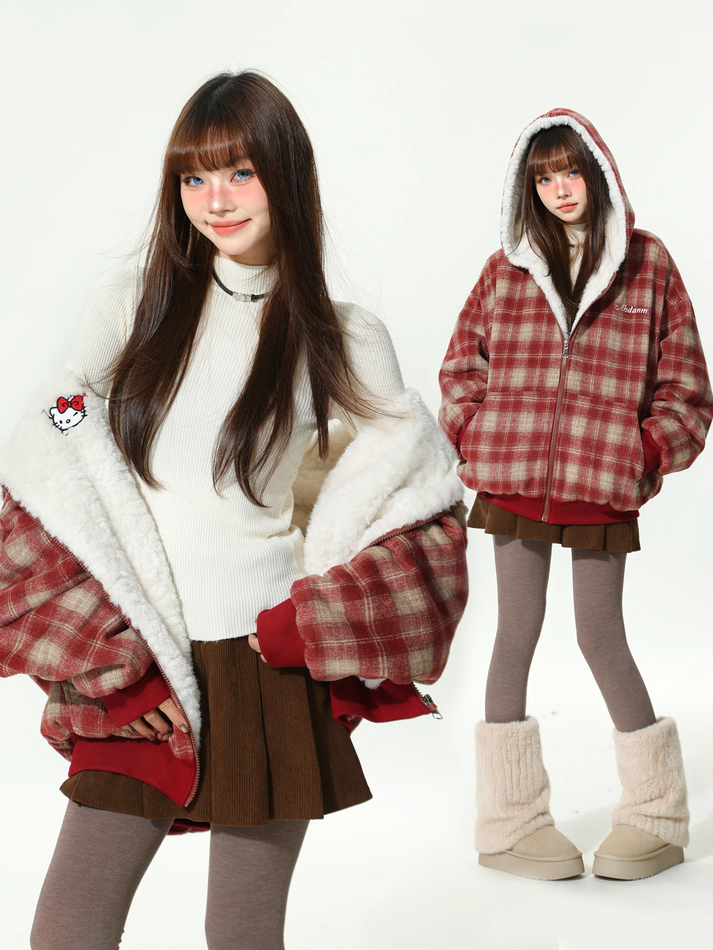 

Red Plaid Cotton Jaet Women's Loose Warm Lamb Velvet Two-Sided Wear Street Sle Hooded Zipper Closure Long Sve Coat