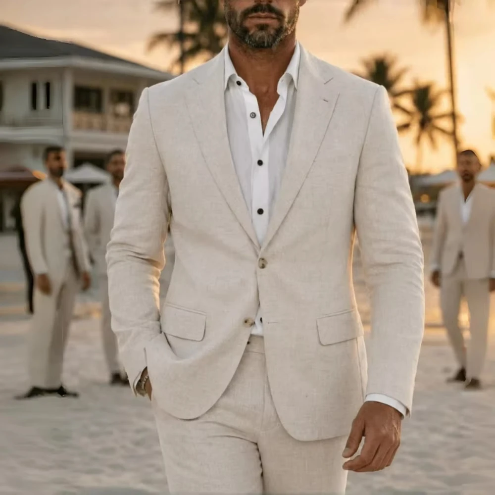 2026 2 Pieces Fashion Lightweight Linen Suit Separates Jacket with Pant for Men Summer Wedding Groom Tuxedo