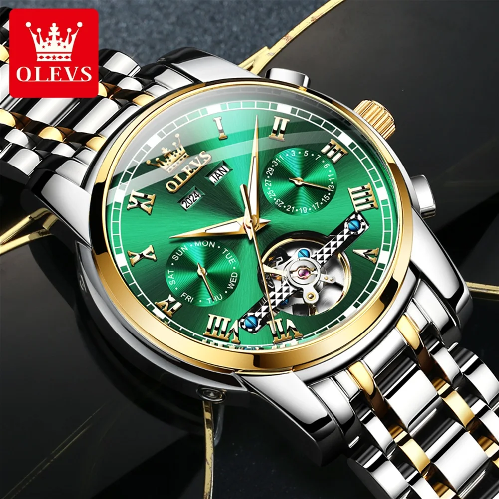 OLEVS Automatic Mechanical Men Watches Stainless Steel Waterproof Date Week Green Fashion Classic Wrist Watches Reloj Hombre