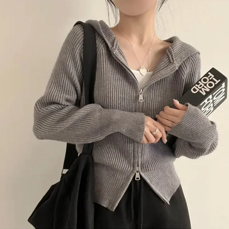 Autumn Winter Idle Style Hooded Thickened Knitted Cardigan Korean Ins Zip Up Design Sensibility Nicolapel Sweater For Women