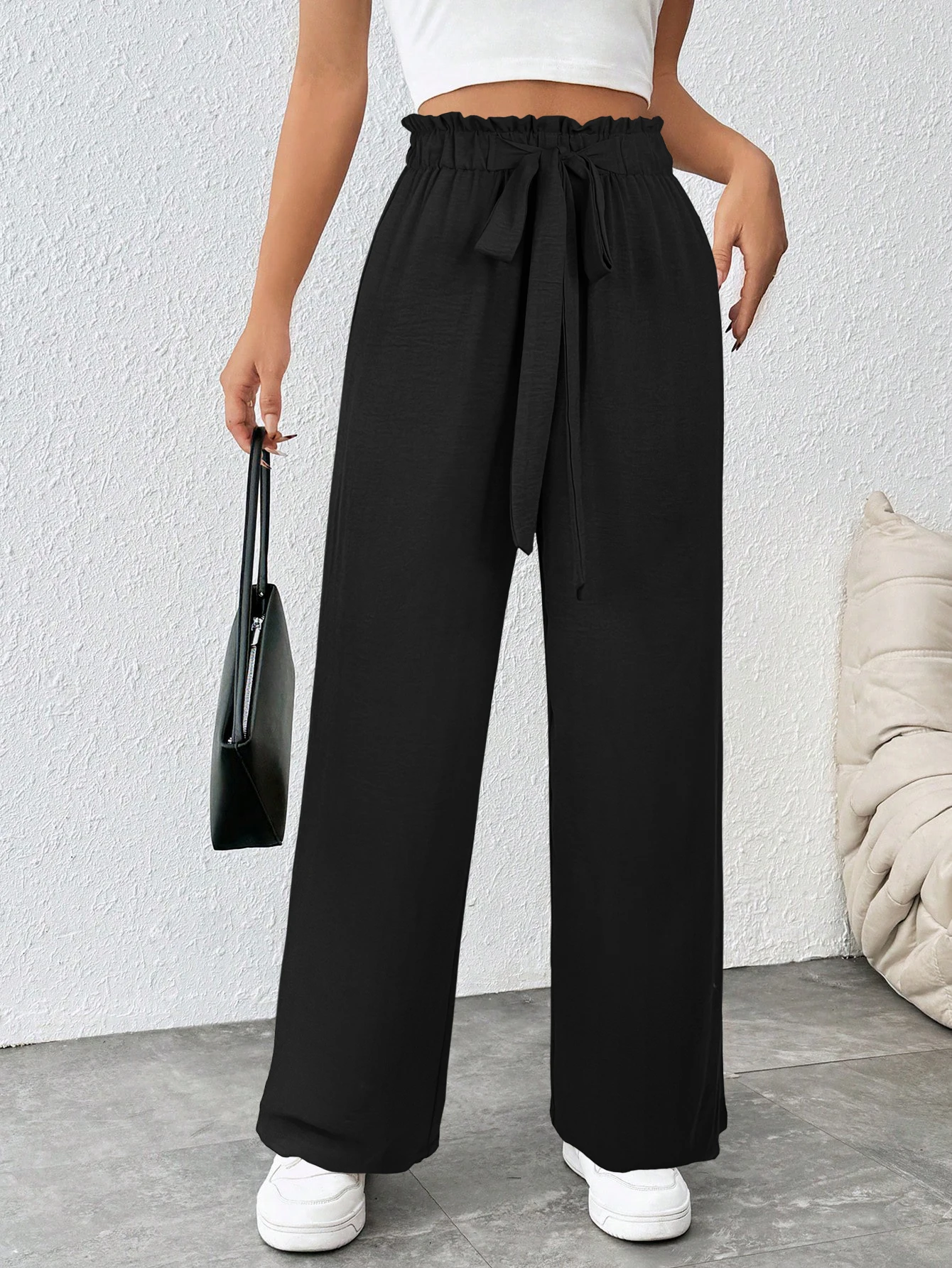 Casual Drape Elastic Waist Casual Straight Pants Women's High Waist Tie Design Pleated Waist Ruffles Comfortable For Home