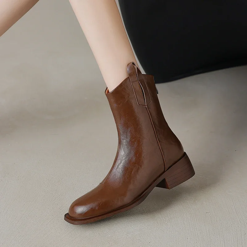 2024 New Genuine Leather Women Boots Winter Slip-On Carved Brogues Chelsea Boots Ankle Boots Women Shoes Modern Ladies Shoes