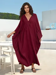 2024 letnia damska Plus Size Kaftan w jednolitym kolorze z dekoltem w szpic rękaw w kształcie skrzydła nietoperza luźna sukienka plażowa kostium kąpielowy zakrywają wakacyjną odzież domową Q1306