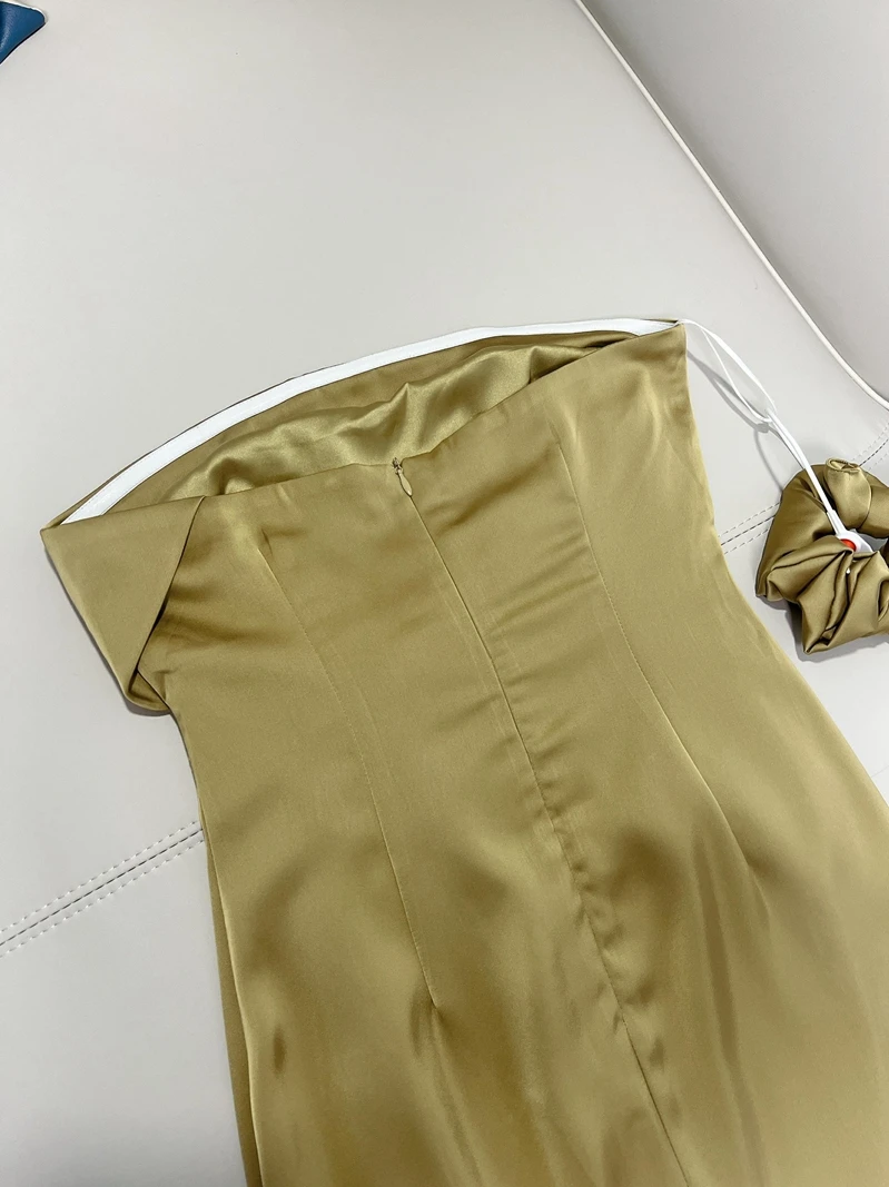 Ele een Silk Satin Dr Sexy oulder Bared Wrap Chest High Waist Long Skirt Vintage Sle  Summer Dr