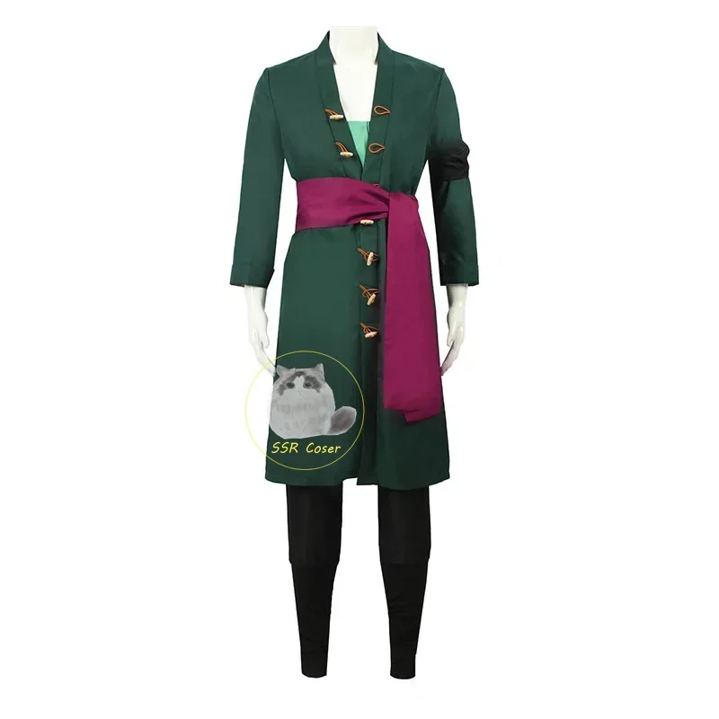Anime Roronoa Zoro Cosplay Kostuum Uniform Groene Jas Riem Broek Hoofddoek Roronoa Zoro Pruik Oorbellen Halloween Mannen Kleding