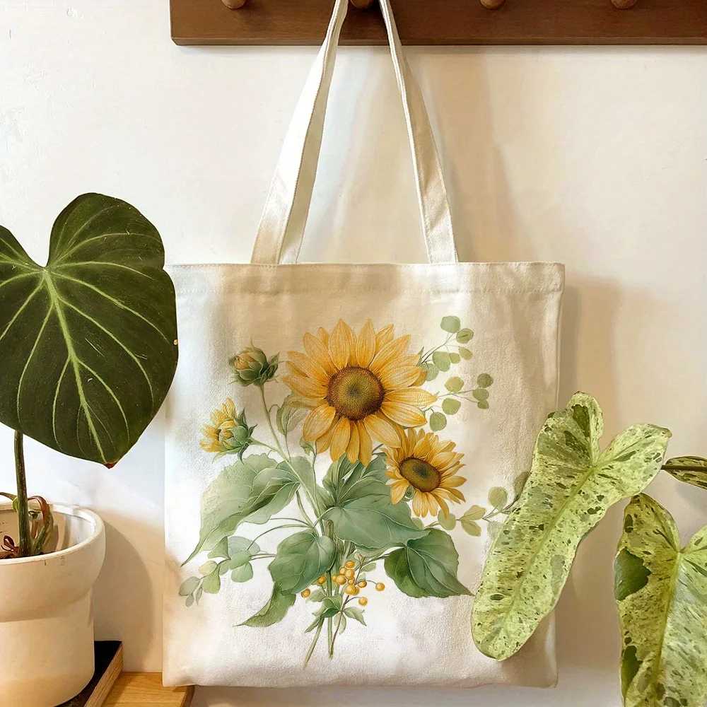 A Sunflower pattern print canvas tote bag, suitable for daily use, shopping, school, and travel