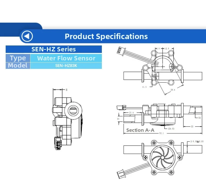 HZ83K Water Flow Sensor for Appliance Integration Including For Dishwasher Flow Monitoring 0.3-10 L/min Pulse Signal Output