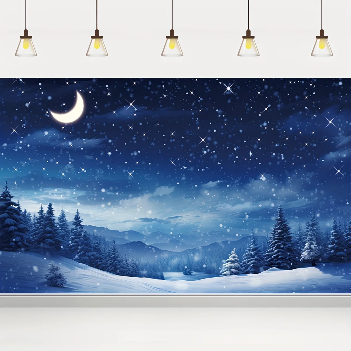 1 Stück Winternacht-Schneeflocken-Fotografie-Hintergrund – Sternenhimmel, Mond, Kiefernwaldlandschaft, mit Schneebedeckte Berge und Bäume