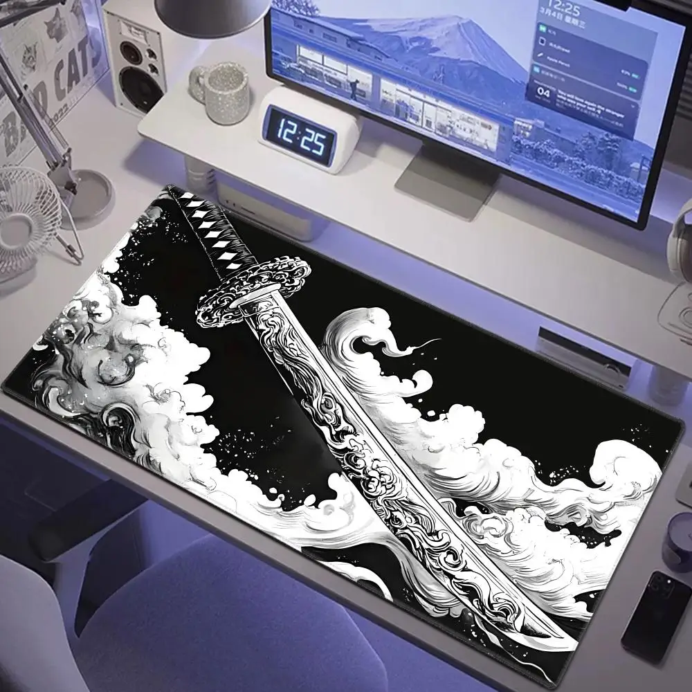 Mouse pad black Japanese samurai sword desk pad XXL Large Office Computer Mousepad Pc Accessories Rubber Keyboard Desk Mat 90x40