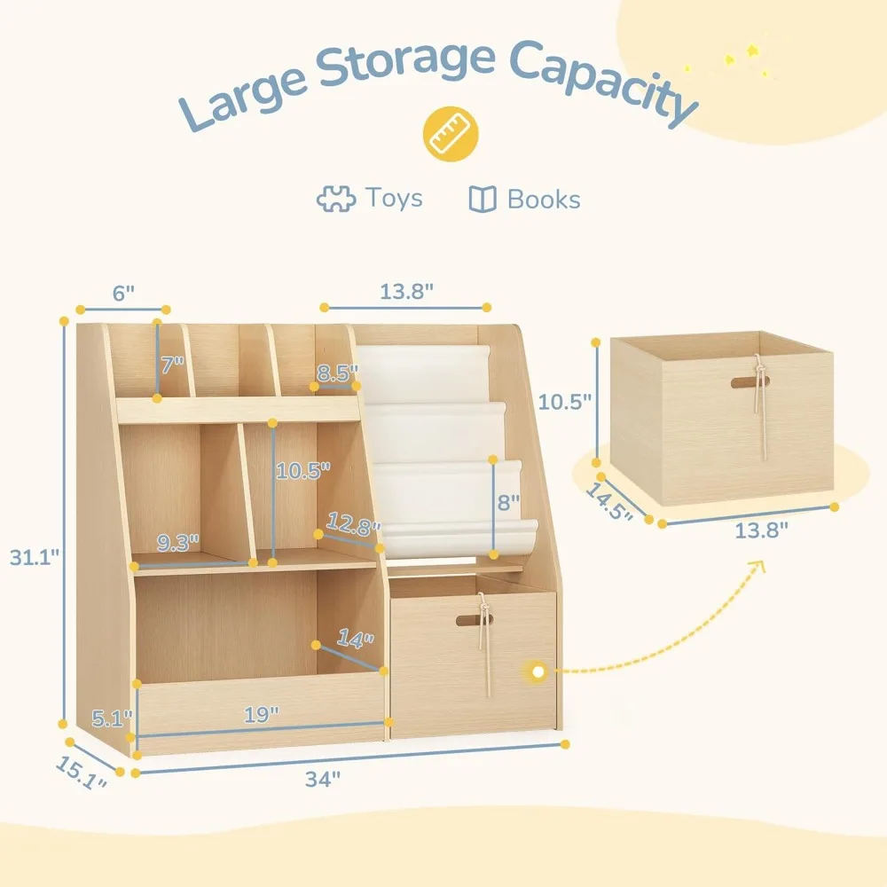 4 in 1 Kids Bookshelf and Toy Storage Organizer, 3-Tier Toy Organizers with Removable Toy Bins, Book Shelf for Kids Room