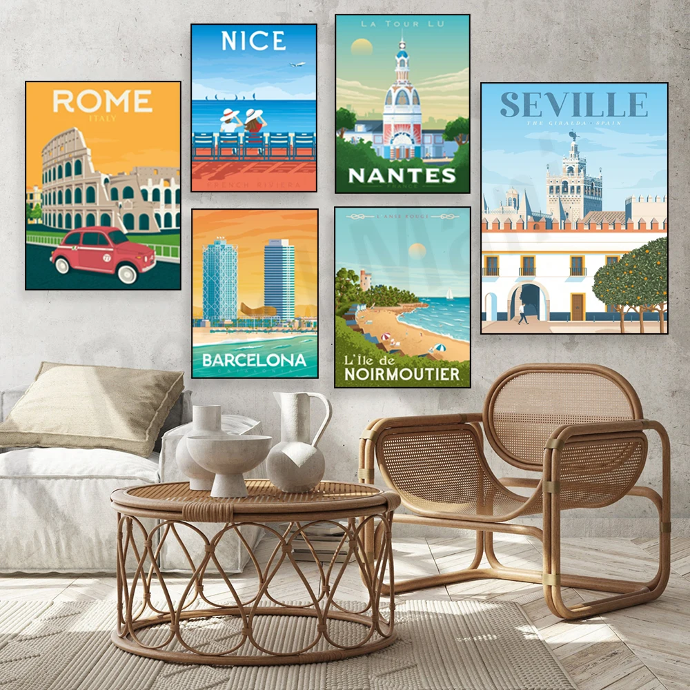 Travel posters for Menton, Nantes, Paris, Valencia, Anglet, Saint-Jean-de-Luz, Madrid, Dubrovnik, Noirmoutier Island, France