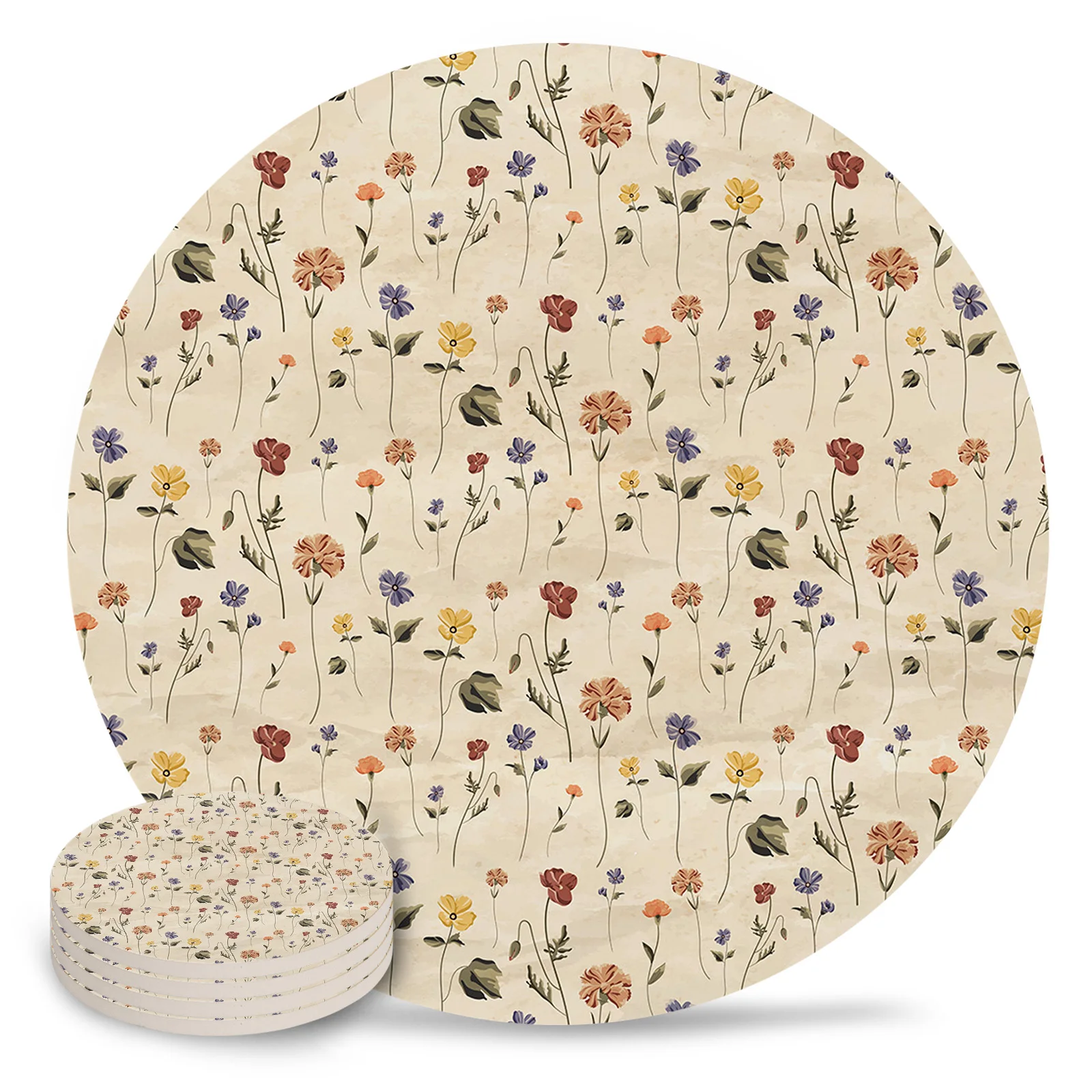 Retro Floral Wildflowers Ceramic Coaster Set Kitchen Table Round Placemat Luxury Decor Coffee Tea Cup Coasters