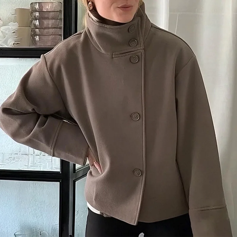 سترة نسائية لخريف وشتاء 2025 أنيقة بياقة واقفة واحدة الصدر معطف فضفاض بأزرار معطف نسائي صوف متين ملابس خارجية #3