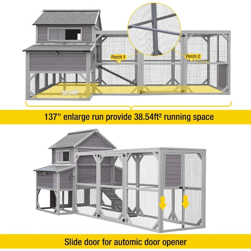 Large Chicken House for 8-10 Chickens, Outdoor Wooden Hen House Poultry Cage w/Two Nesting Boxes, 6 Perches, Large Run