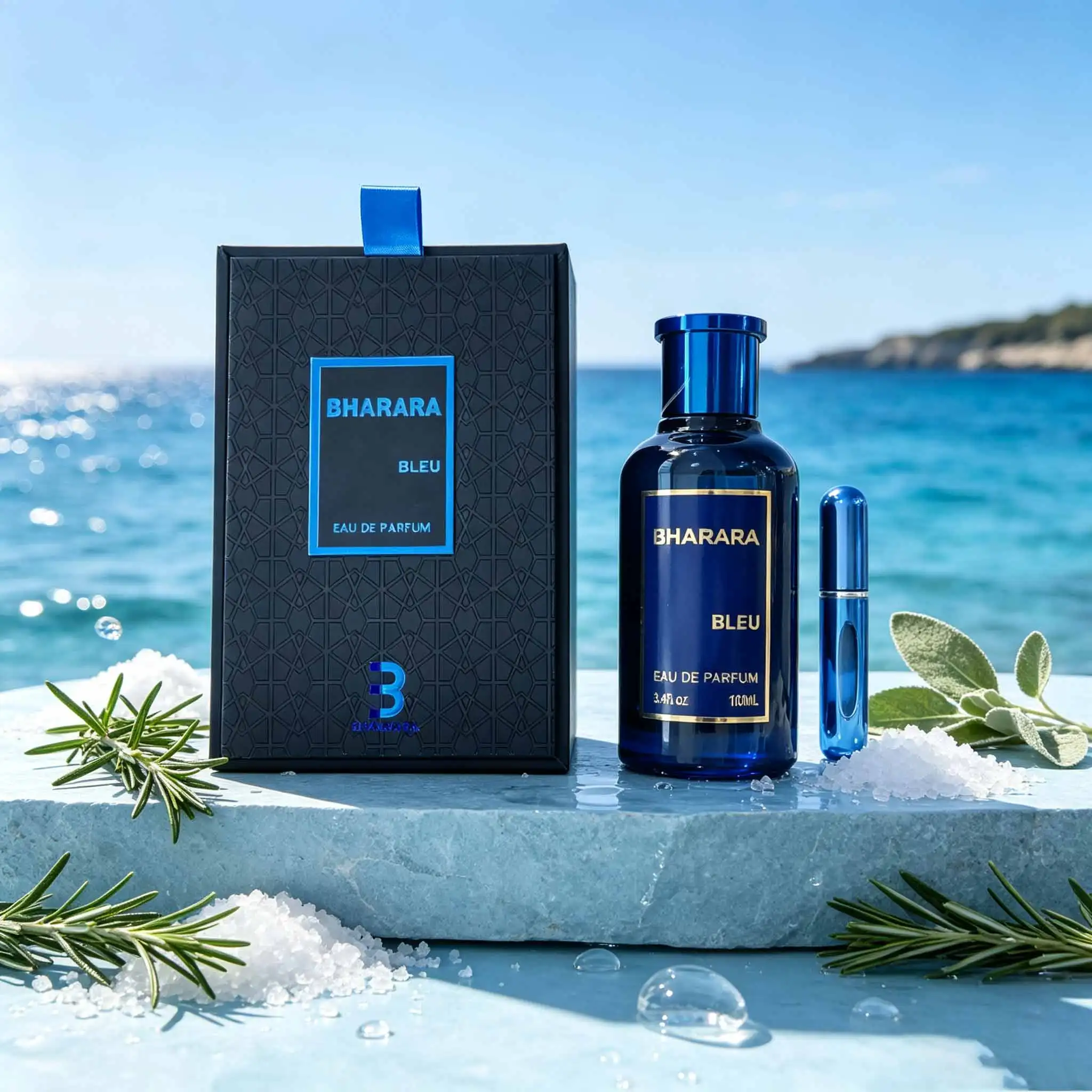 Bharara Bleu, 100 ml, Botella de Perfume Azul Zafiro Cristalino, Aroma a Limón, Menta, Mar, Cedro y Ámbar, Set de Perfume Masculino con Aroma Amaderado Marino Fresco