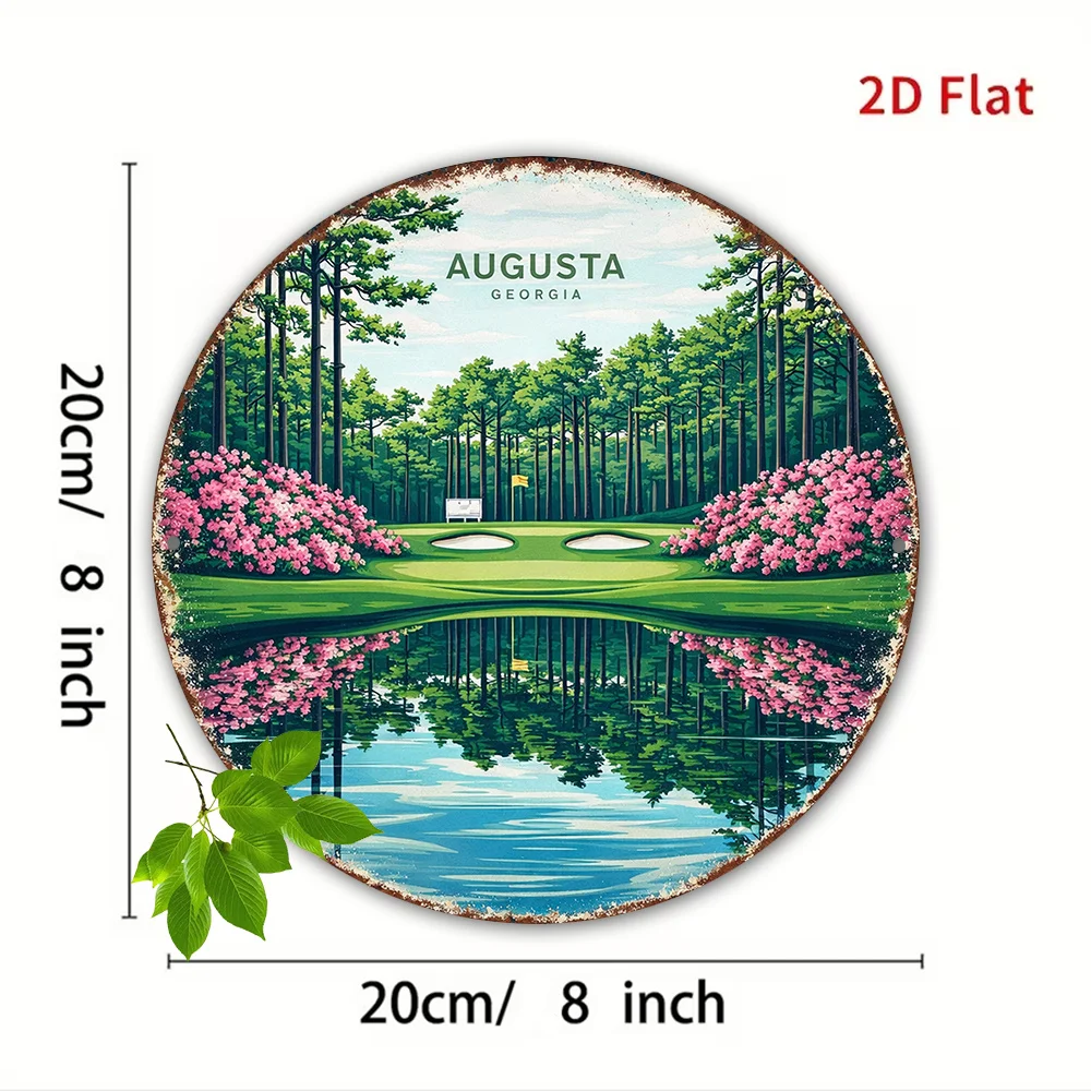 2D Flat - 1pc 8*8In/20X20Cm 2D Flat Round Sign, Vintage Plaque about Augusta Georgia, Golf Scene Landscape Decorative Sign, Suit