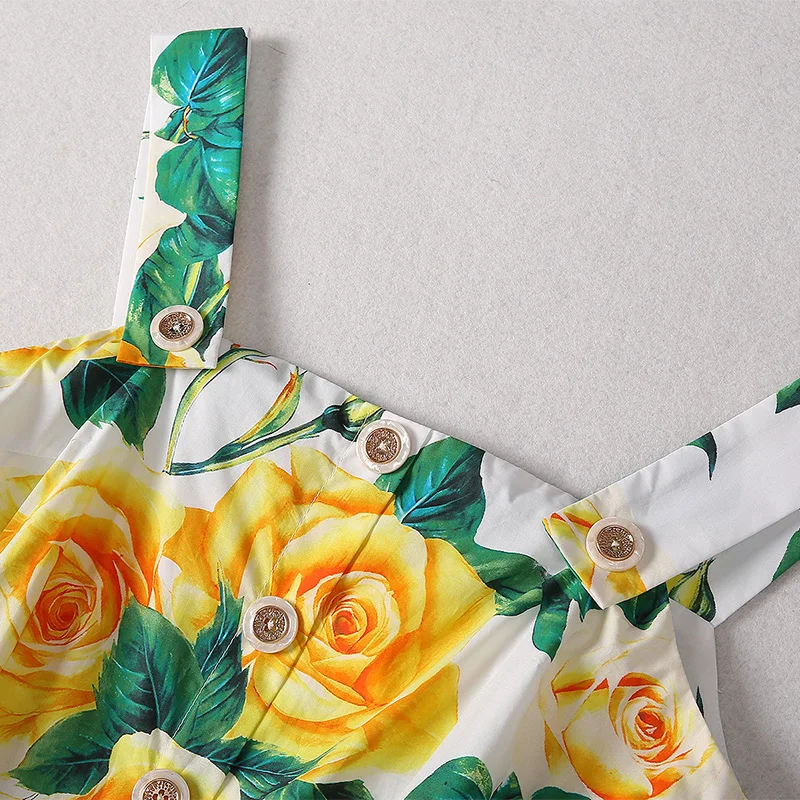 Zomer Dameskleding Elegante Jurk Met Gele Rozenprint En Mode-Spaghettibandjes Jurken Met Enkele Rij Knopen In Strandstijl A-Lijn