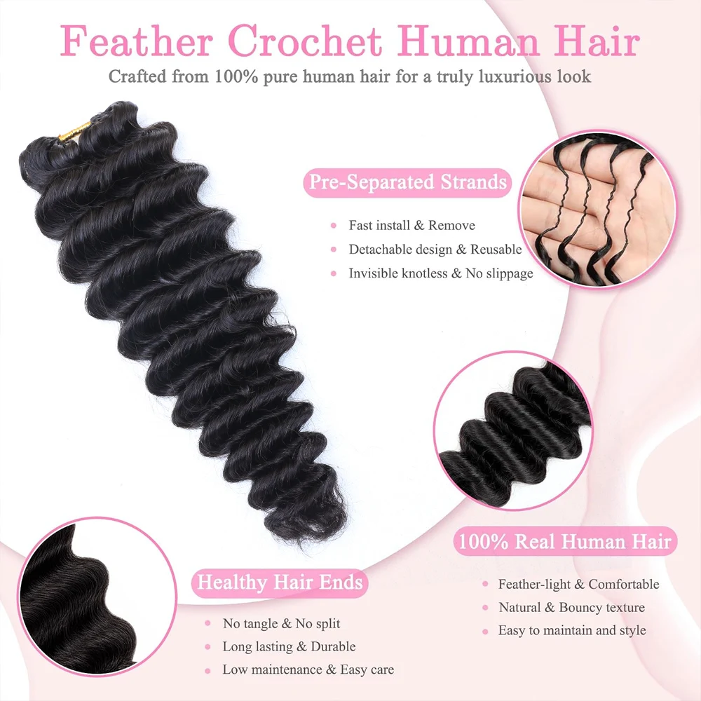 Deep Wave Feather Crochet Human Hair Extensions 100% Brazilian Remy Human Hair Bulk Pre-looped Pre-separated Invisible Feather Crochet Hair Knotless Boho Braids 1B Natural Black Loose Deep Wave Soft Fluffy Daily Wear For Women And Girls