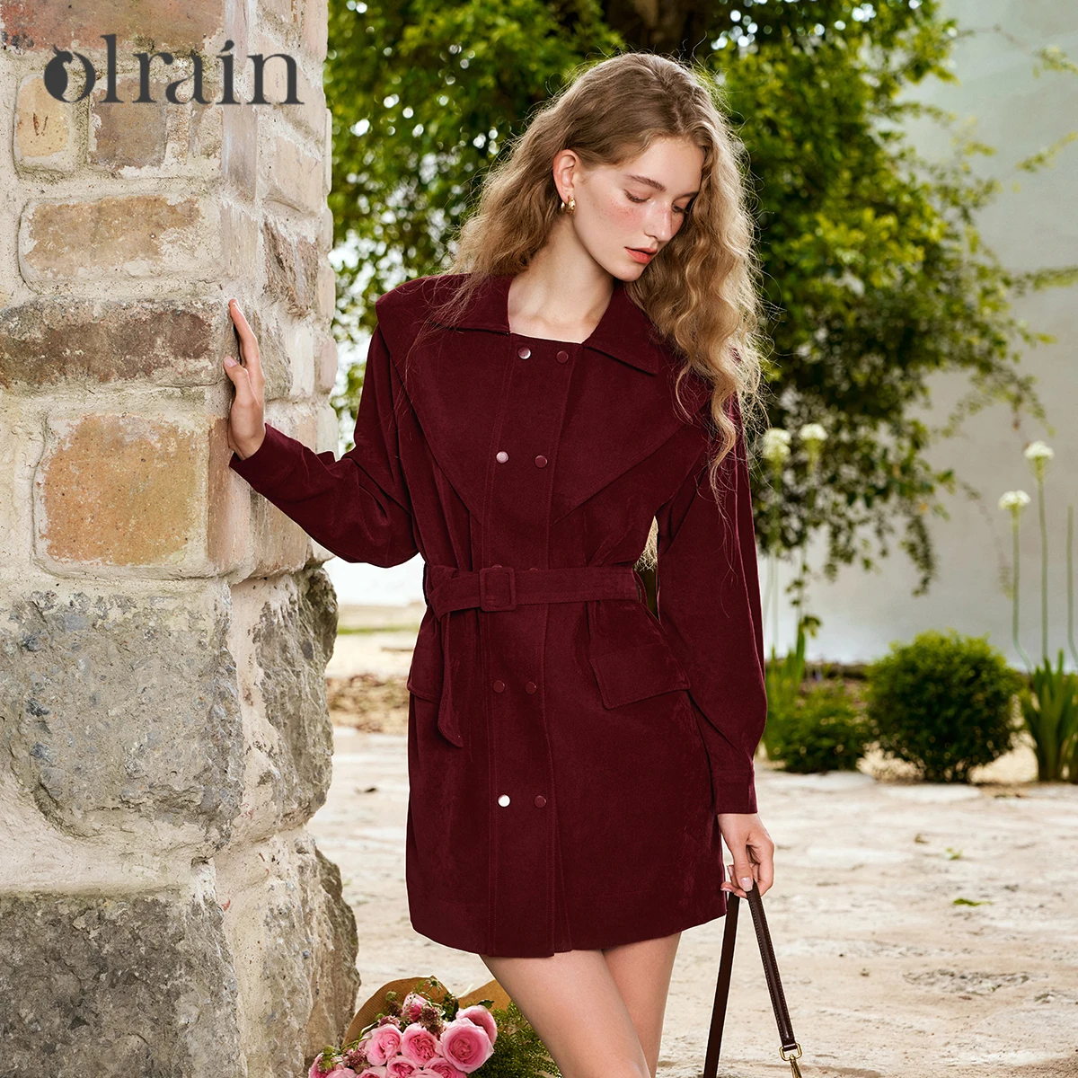

OLrain Double Breasted Trench Dresses Woman 2025 Autumn New Retro Sailor Neck Dress Solid Long Sleeve Corduroy Dress N56QL35311