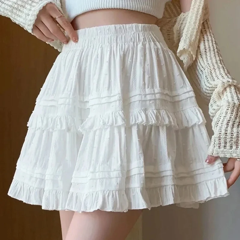 Sweet Cute Lace Mini Skirt Women Kawaii White Ruffles Pleated Short Skirts Woman 2025 Summer Korean High Waist A Line Skirts