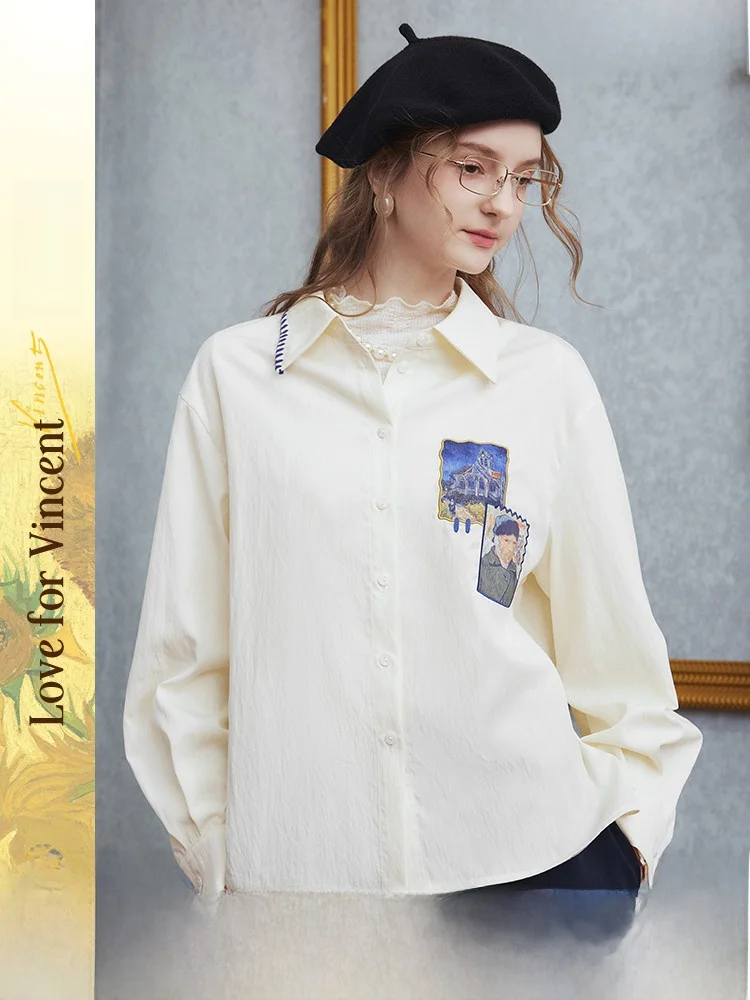

Artistic Sle Patchwork Embroidered Collar irt Women's Autumn New Loose Fit Breathable Long Sve Color Blo Design