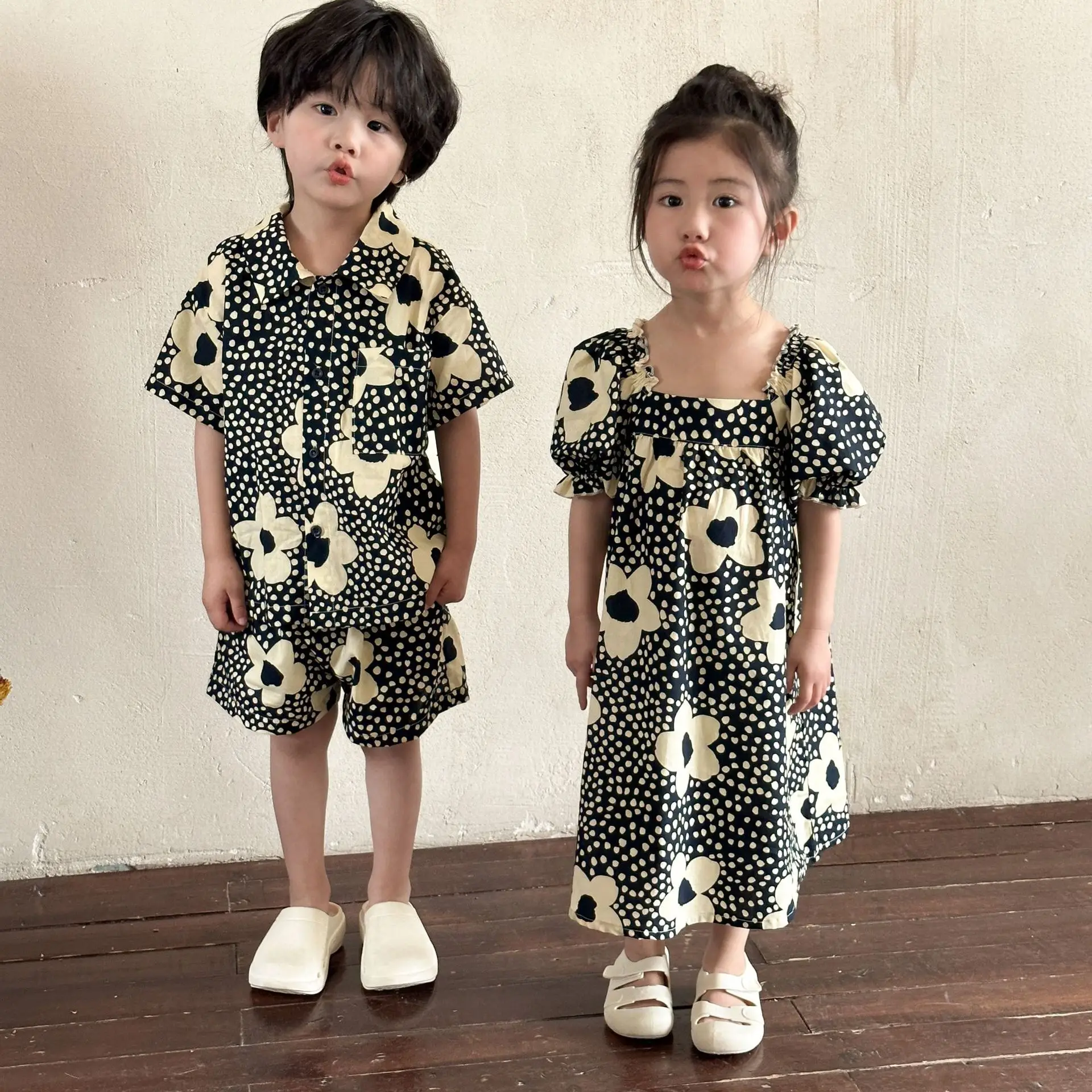 

2024 Summer Children Clothing Baby Boys Vacation Outfits Flower Shirts+Shorts 2Pcs Set Kids Girls' Dress Brother Sister Clothes