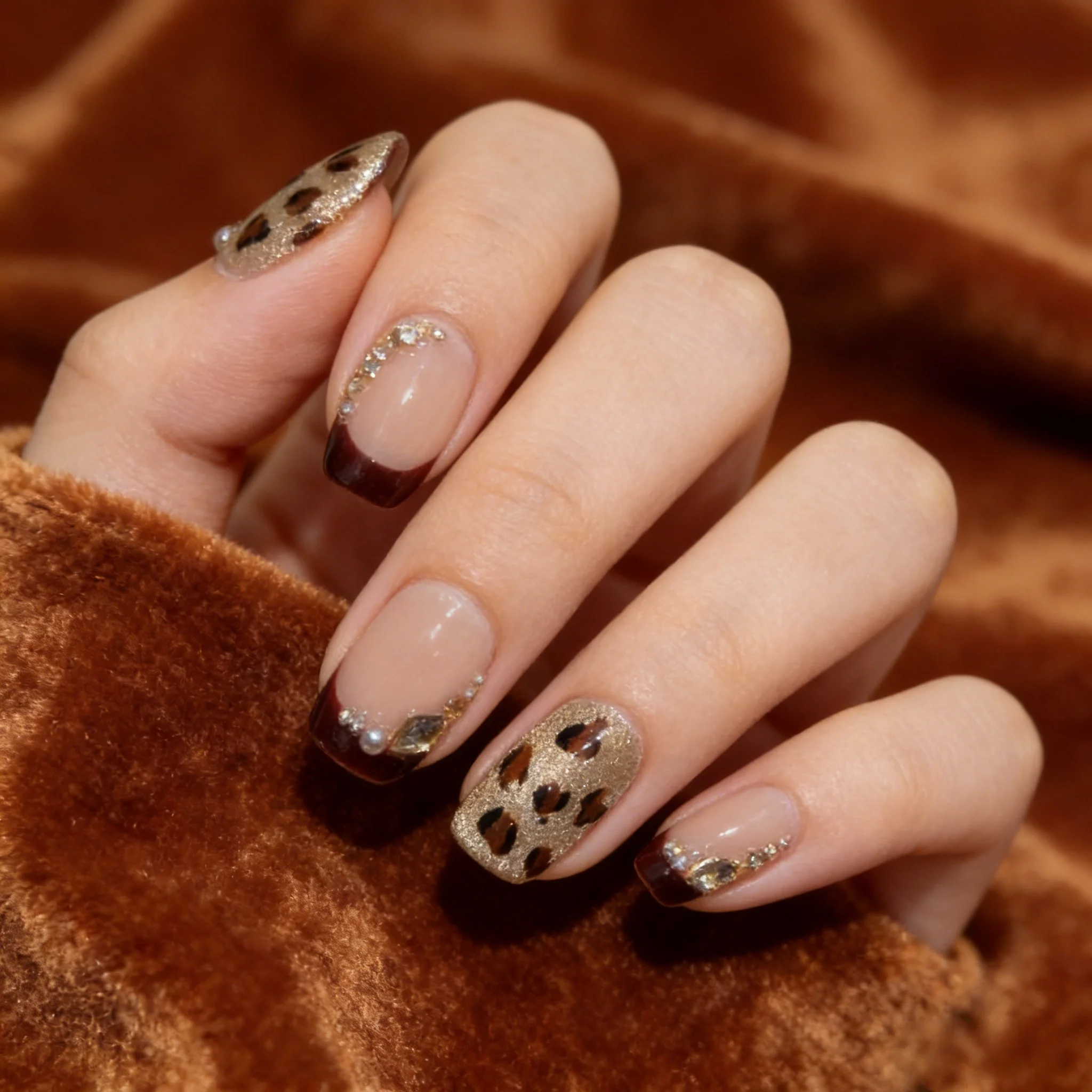 

10pcs Leopard-Print Handmade Nails French Star Chain Press on Nail Short Ladder Full Coverage Nail for Women&Girl False Nail