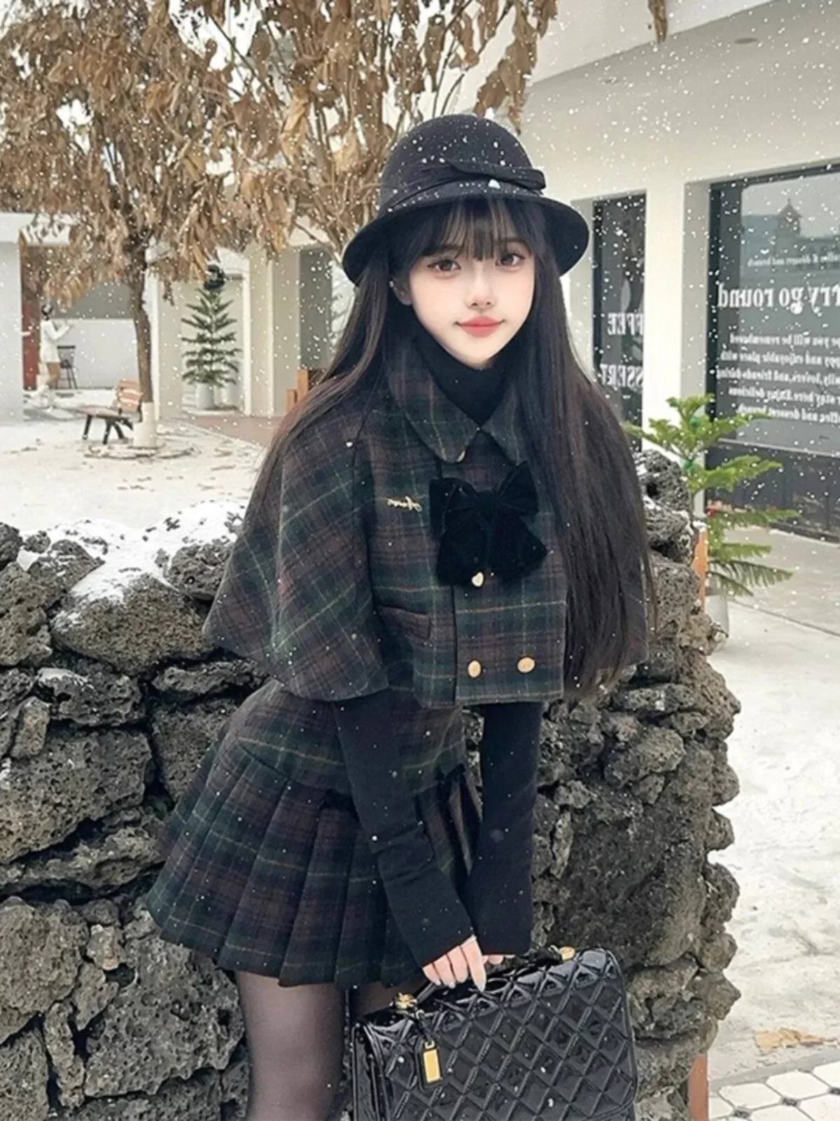 Academy Style Sweet Woolen Cape Shawl Plaid Skirt Thousand Three Pieces Suit Women Autumn and Winter