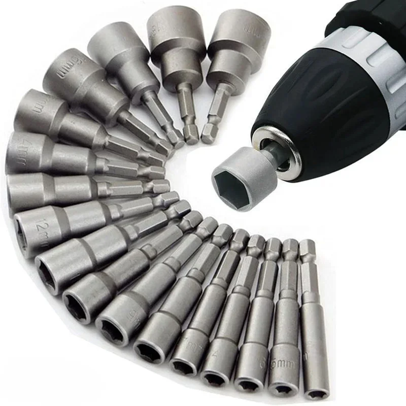 

6mm-19mm Impact Socket Magnetic Nut Screwdriver 1/4 Hex Key Set Drill Bit Adapter for Power Drills Impact Drivers Socket Kit