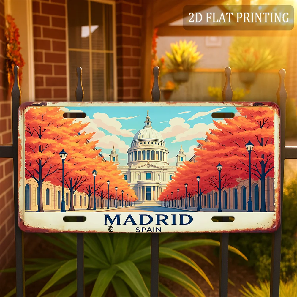 2D Flat, Retro Metal Madrid Spain Sign, European Cityscape Wall Decoration, Travel Souvenir Gift, Country Garden Display Piece