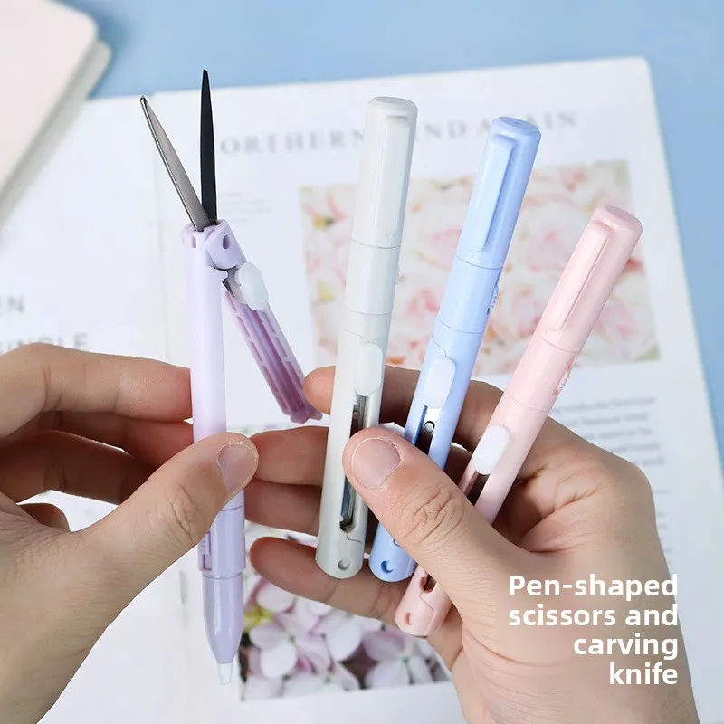 2 in 1 Pen Style Scissors Paper Cutter Portable Pocket Folding Dual Purpose Cutting Tool for Student Journal Scrapbooking Office