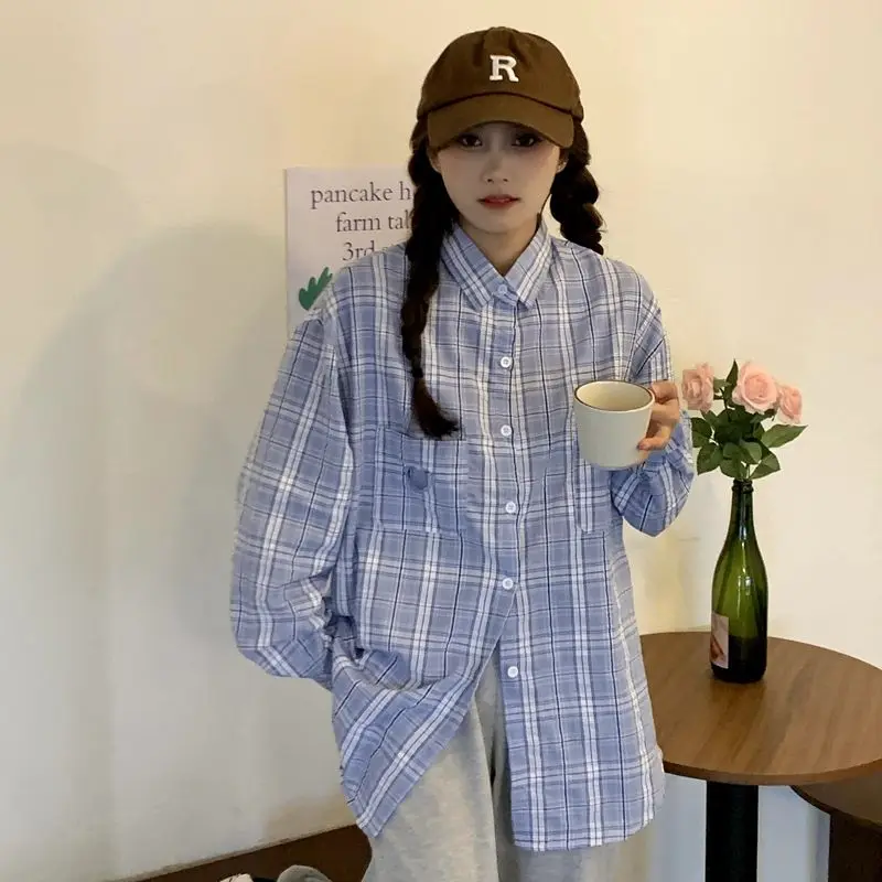 

2025 New American Style Loose Casual Shirt Women's Long Sleeve Turn-down Collar Plaid Loose Fit Comfortable Casual Top
