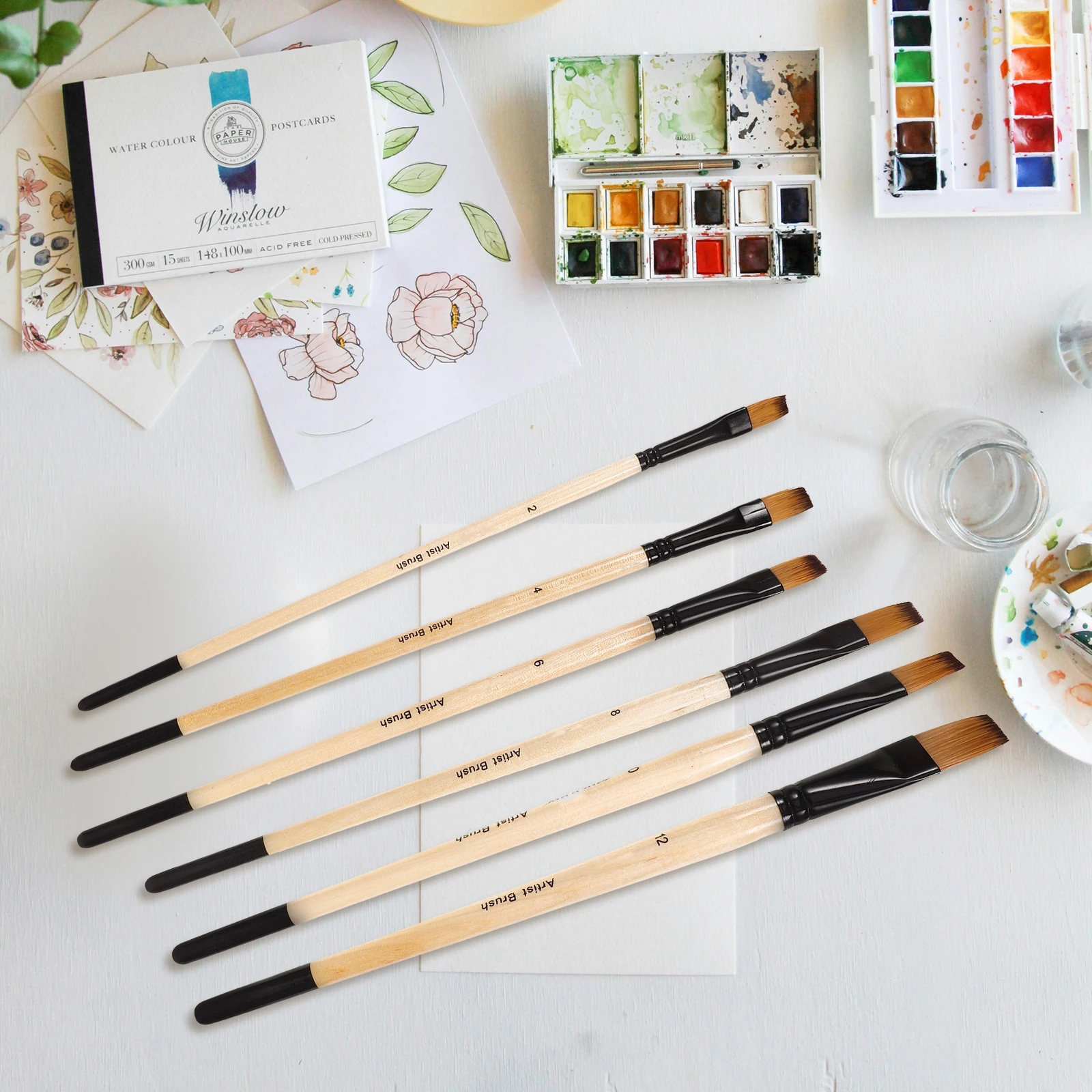 

6pcs Painting Brush Set Wood Nylon Bristles Easy Control For Acrylic Watercolor Painting Beginner Practice Wear-Resistant