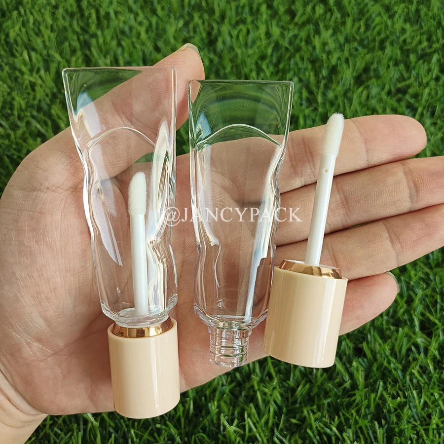 Atacado rosa nude creme dental design 4ml personalizado vazio brilho labial garrafa matiz tubo vazio com escova