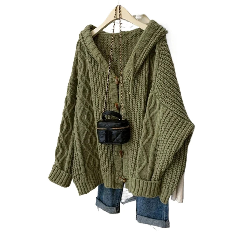 

2025 Retro Cable Knitted Long Sleeve Cardigan Loose Coat Oversized Sweater Women Korean New Sweater Women Hooded Solid Color