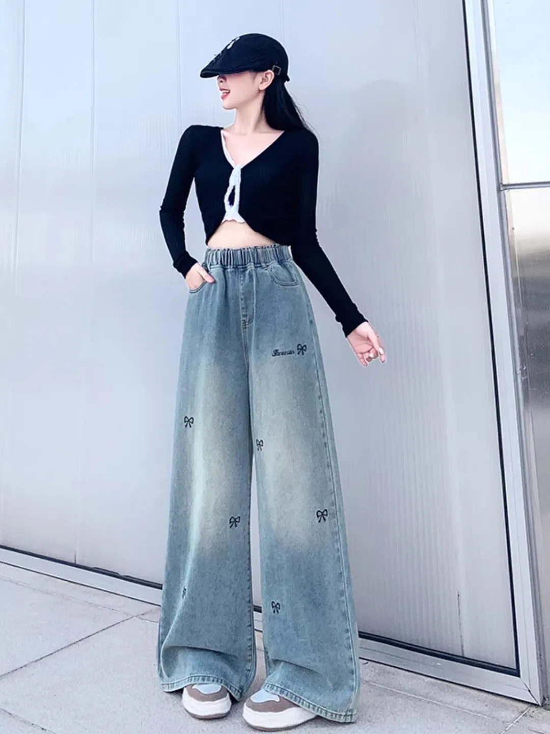 

Loose Elastic Waist Denim Wide Leg Pants for Teenage Girls Spring Autumn New Style Versatile Student High School Junior High